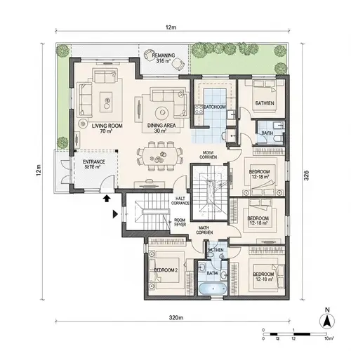 Spacious Living Room, Bathroom, Food Table- Floor Plan Design