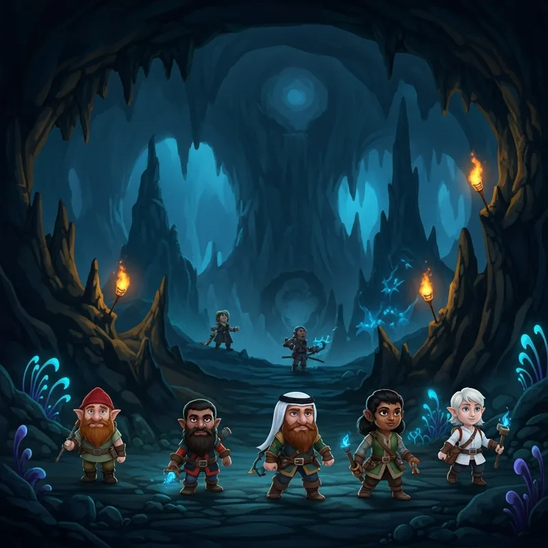 Fantastical Deep Dark Fantasy Game Background with Diverse Dwarfs