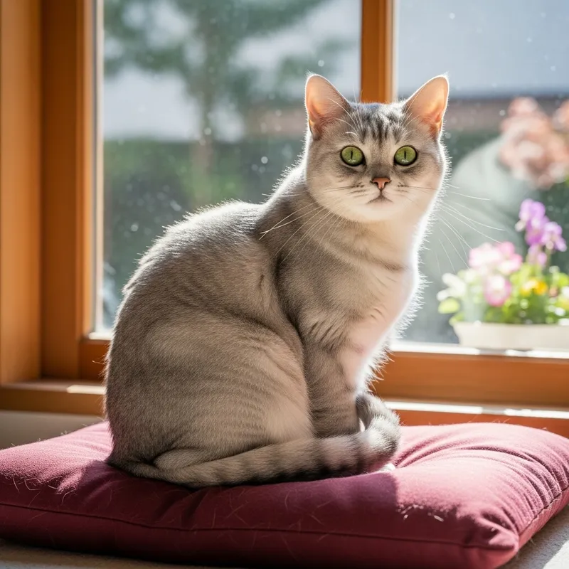 Adorable Silver-Gray Cat with Emerald Eyes on Comfy Cushion