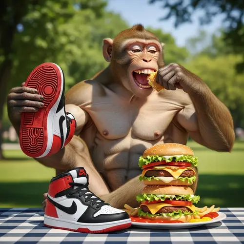 Muscular Monkey Enjoying Burgers in High-Top Basketball Shoes