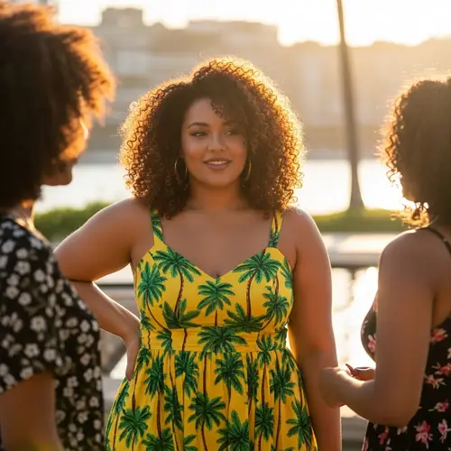 Confident Caribbean Woman in Vibrant Sundress | Heartwarming Scene
