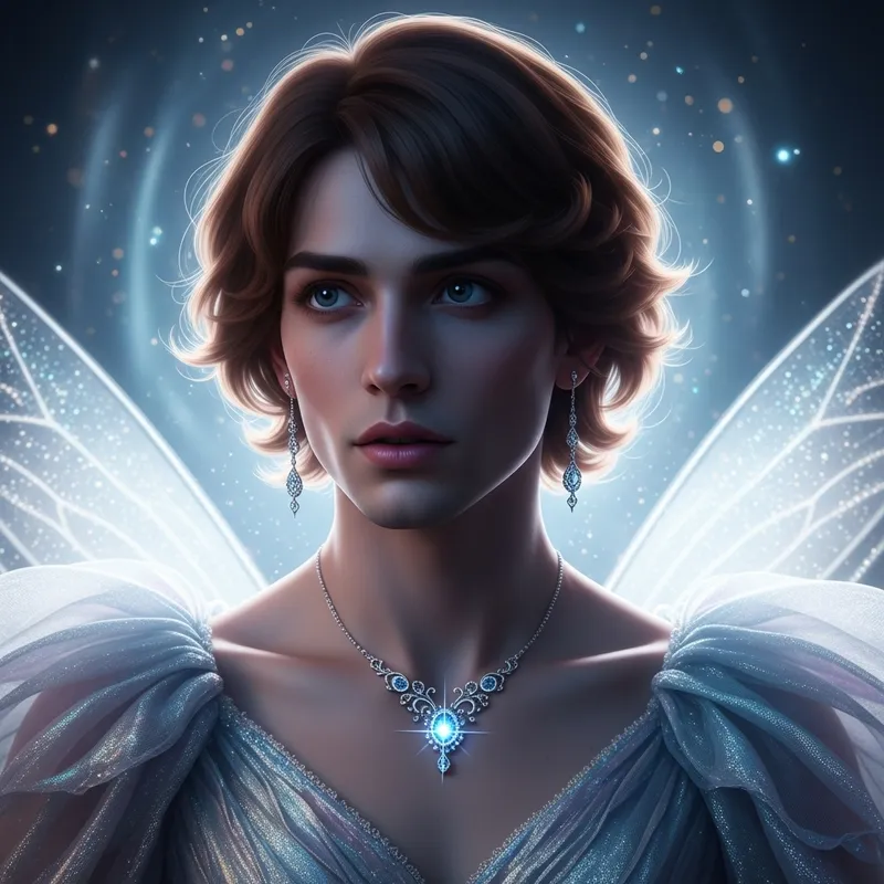 Short Chestnut Haircut, Necklace, Earrings, Beautiful Shiny Airy Transparent Fairy Dress in Blue Silver