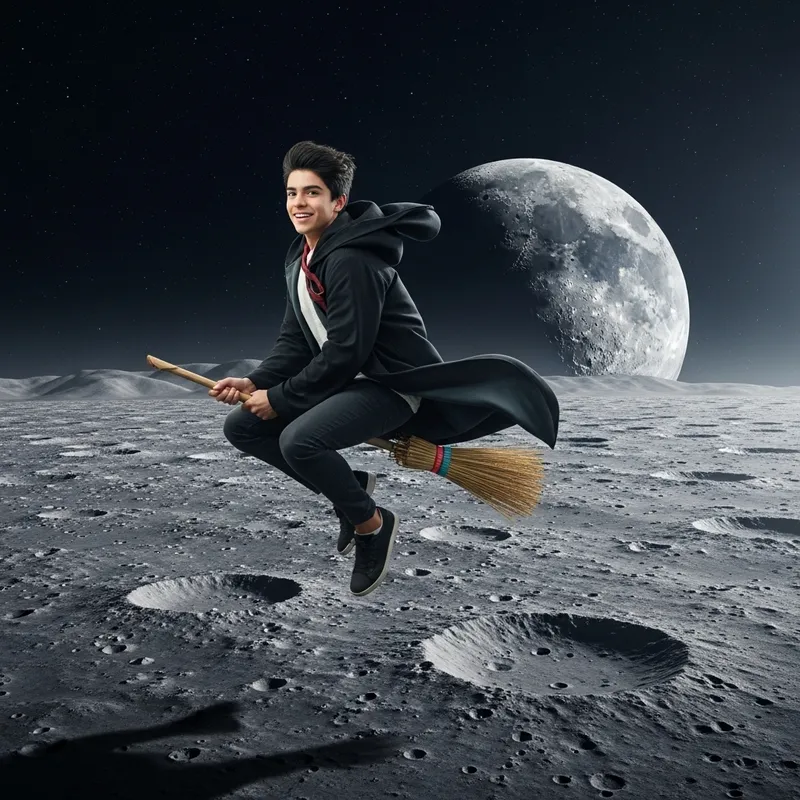 Hispanic Male Flying Broomstick Over Moon's Craters Hispanic Male Flying Broomstick Over Moon's Craters