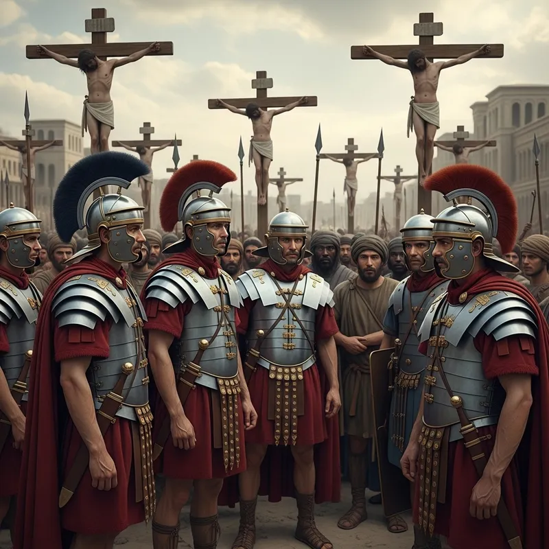 Roman Soldiers Observing Crucifixion Scene: Ancient Depiction