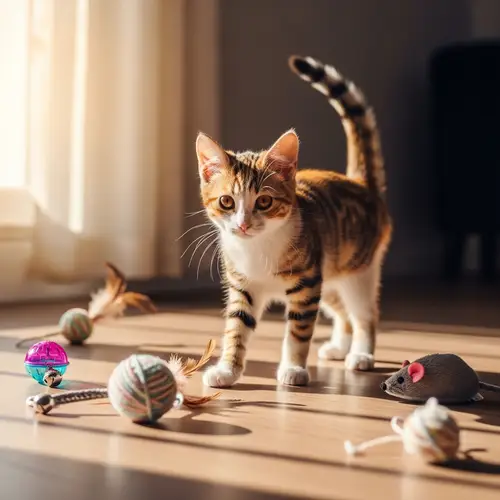 Striped Domestic Cat Playing with Toys - Camouflage Fur Pattern