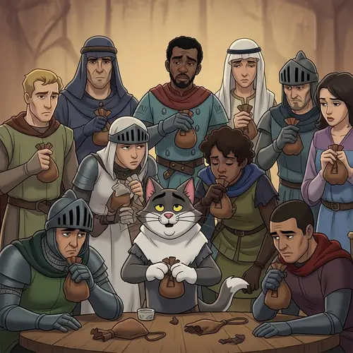 Animated Feline Character Surrounded by Diverse Knights
