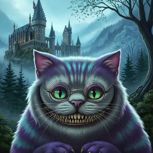 Cheshire Cat Illustration in Magical World with Wizarding Glasses