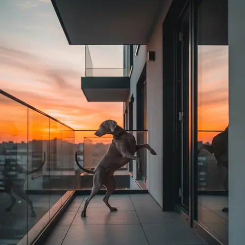 Weimaraner Dancing at Sunset on a Balcony