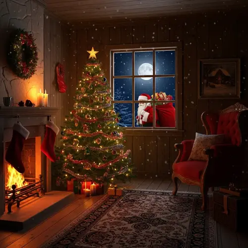 Cozy Christmas Scene with Santa and Snowfall