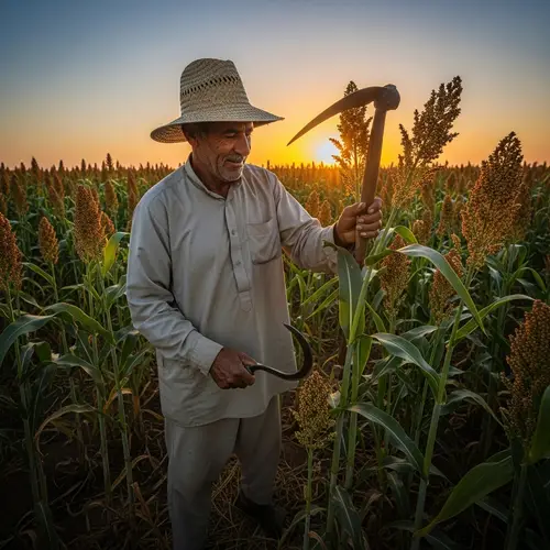 Middle-Eastern Farmer Tending Sorghum in Vast Field