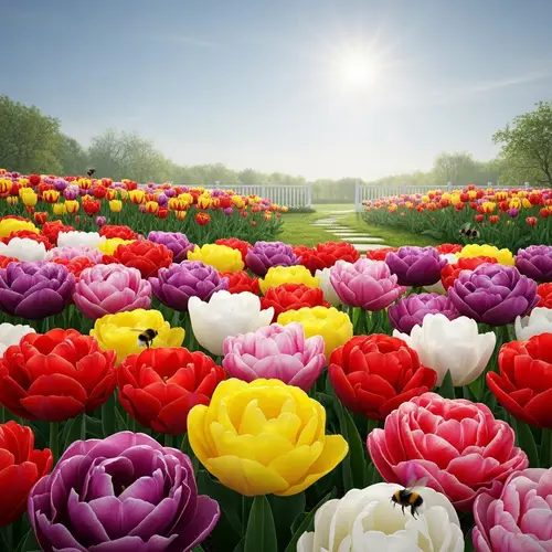 Vibrant Tulip Garden View | Colorful Bloom & Sunlit Scene