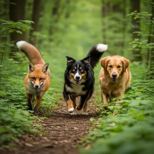 Sly Fox Chased by Dogs in Lush Forest - Wildlife Scene