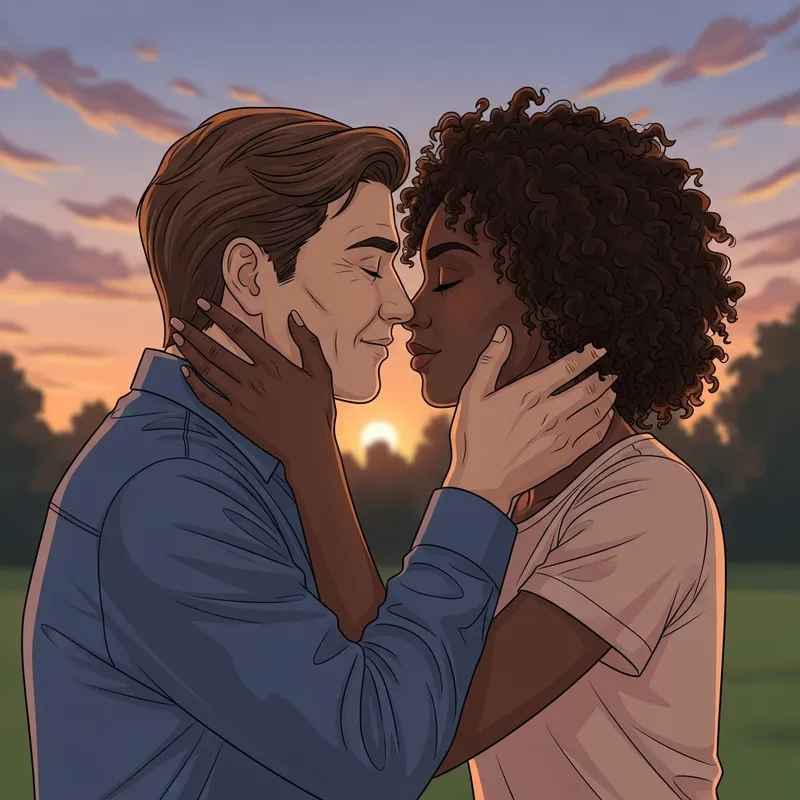 Romantic Park Kiss - Intimate Moment with Diverse Couple Romantic Park Kiss - Intimate Moment with Diverse Couple