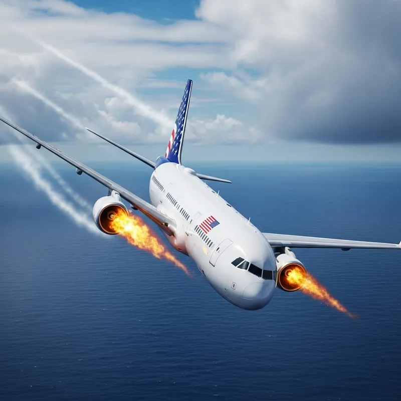 White Airplane Crash in American Flag Sky - Hyperrealistic Photorealism White Airplane Crash in American Flag Sky - Hyperrealistic Photorealism