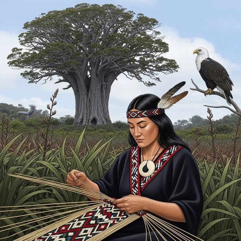 Maori Woman Weaving Kete in Flax Bush Setting Maori Woman Weaving Kete in Flax Bush Setting