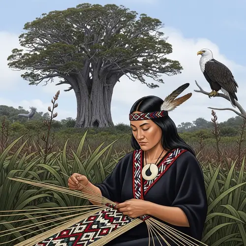 Maori Woman Weaving Kete | Flax Bush & Kauri Tree Scene