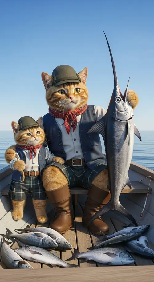 Ginger Scottish Cats Fishing - Realistic Style with Swordfish