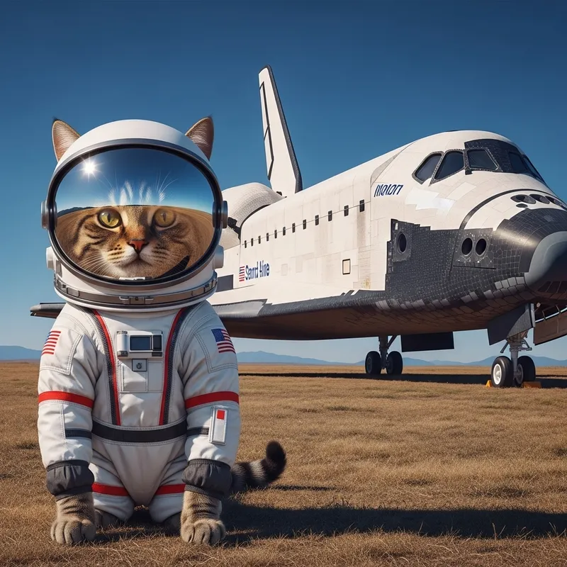 Cat in Astronaut Suit with Space Shuttle in Background