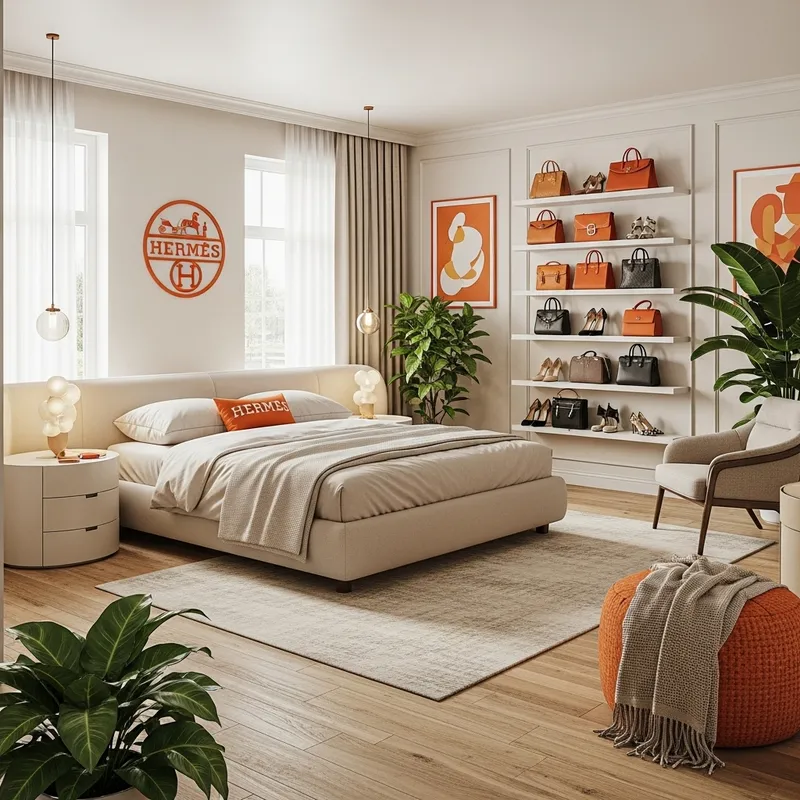Luxurious Hermes-Inspired Bedroom with Yellow Accents and Chic Furniture