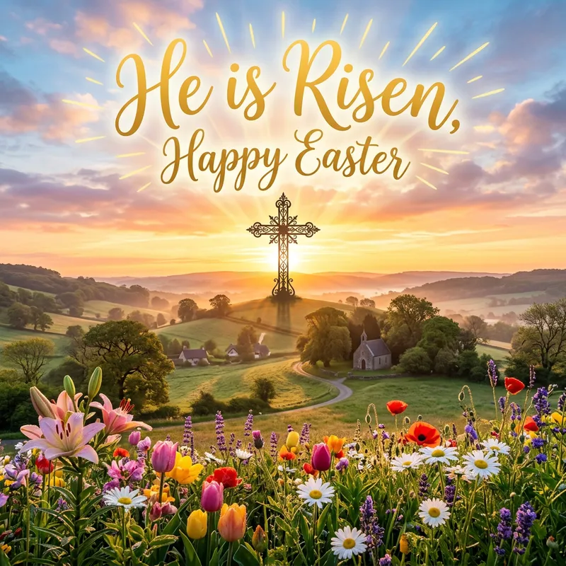 He is Risen, Happy Easter | Vibrant Sunrise & Cross Silhouette