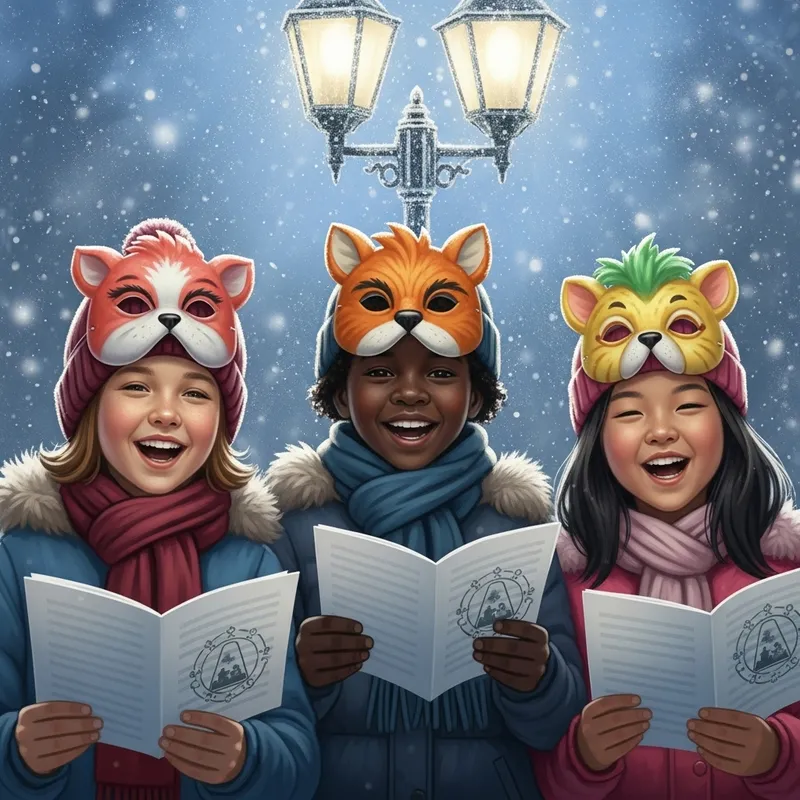 Winter Joy: Children in Carnival Masks Singing Carols