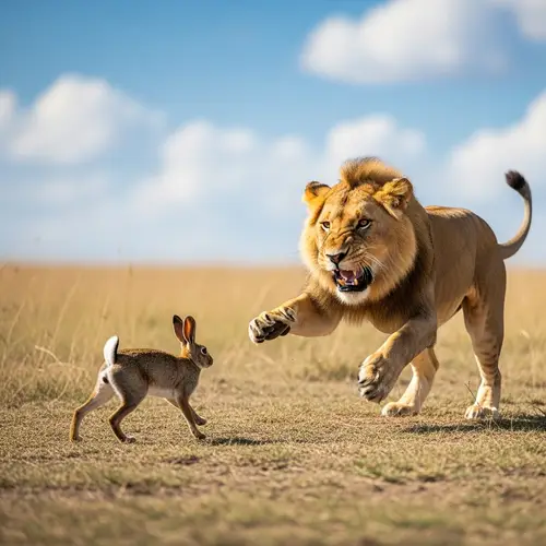 Lion and Rabbit Playful Chase in Savannah - Exciting Wildlife Encounter