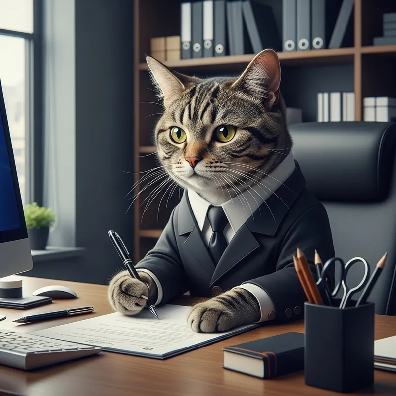 Cat in Office Jacket Completing Paperwork