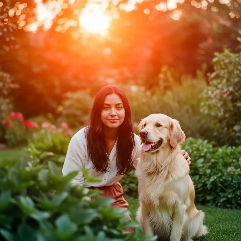 Hispanic Woman and Golden Retriever in Vintage Garden Sunset Scene Hispanic Woman and Golden Retriever in Vintage Garden Sunset Scene