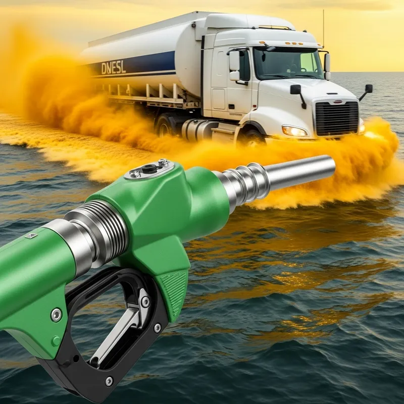 High-Speed Green Fuel Gun vs White Tractor-Trailer: Close-Up Shot High-Speed Green Fuel Gun vs White Tractor-Trailer: Close-Up Shot