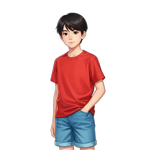 East Asian Boy Illustration with Black Hair, Denim Shorts & Red T-Shirt