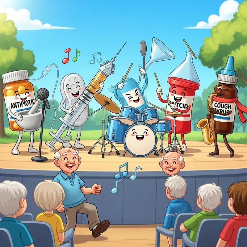 Healthy Old Man Smiling Surrounded by Pharmacy Drugs