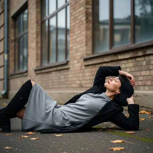 Woman in Grey Dress and Black Coat Lying by Building