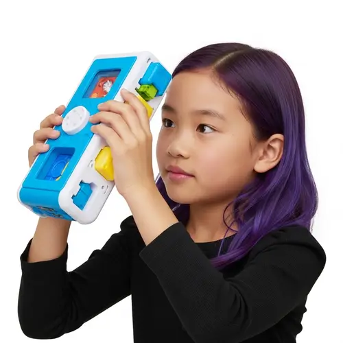 Young East Asian Girl with Vibrant Purple Hair Engaging with Toy