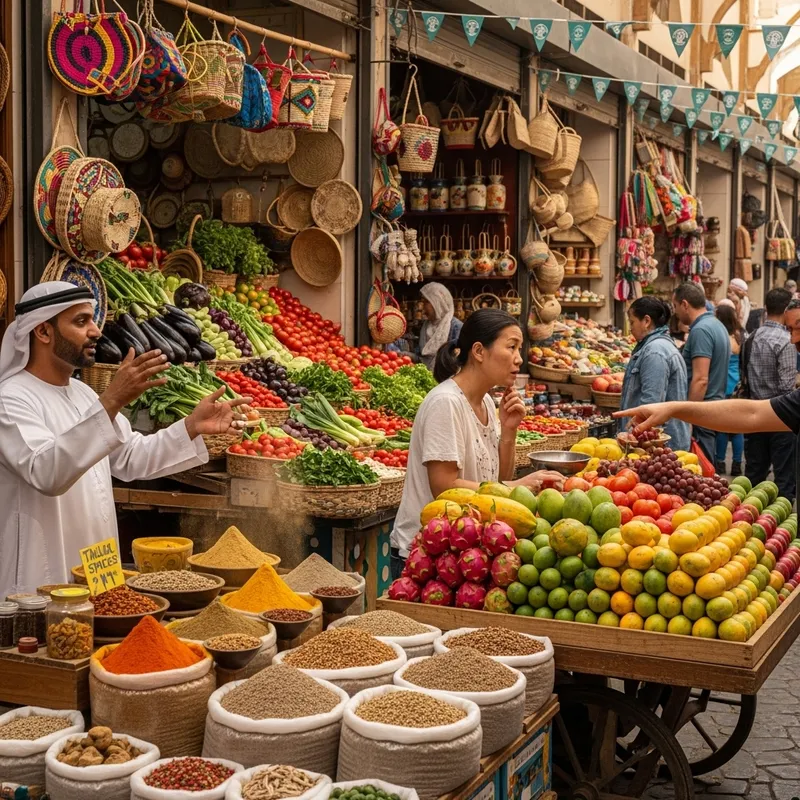 Vibrant Trader Scene - Spices, Fruits, Craft Stalls