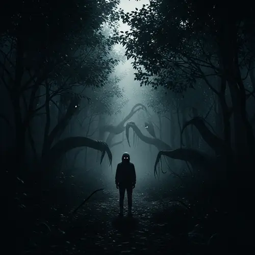 Mysterious Figure in Abandoned Forest - Dark, Moody, Supernatural