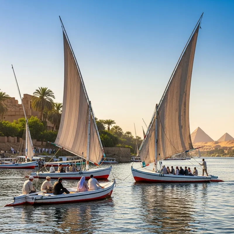 Egypt Nile Navigation: Scenes of Feluccas on the Shimmering River