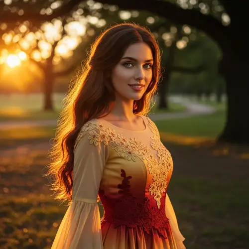 Enchanting Young Woman in Sunset Dress | Serene Park Setting