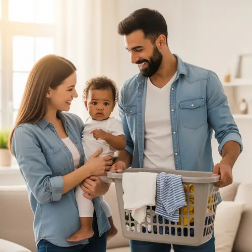 Happy Multicultural Family Doing Laundry Together