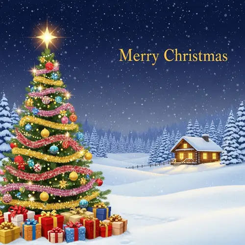 Enchanting Christmas Scene: Snowy Landscape, Log Cabin, and Festive Tree