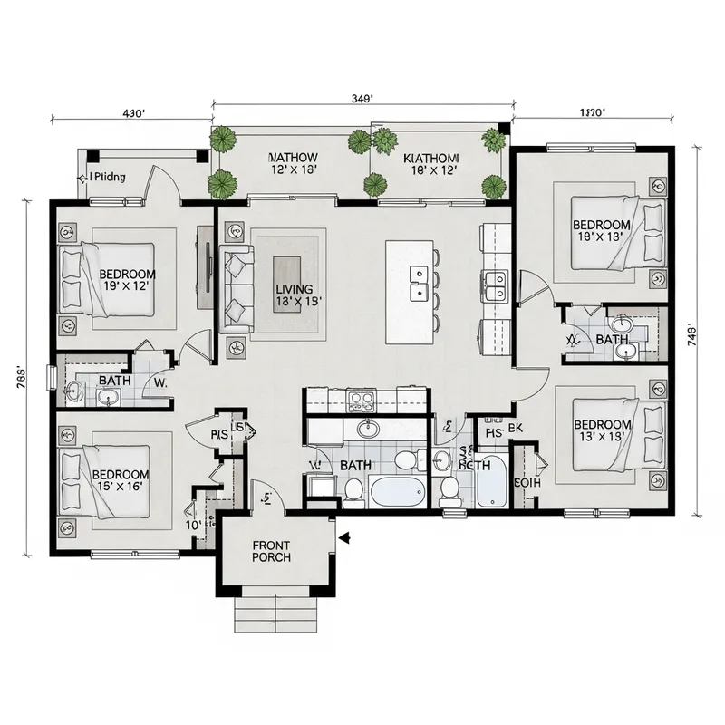 3-Bedroom House Floor Plan with 2 Bathrooms, Living Room, Kitchen & Front Area