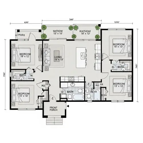 Architectural Floor Plan with 3 Bedrooms, 2 Bathrooms, Living Room & Kitchen