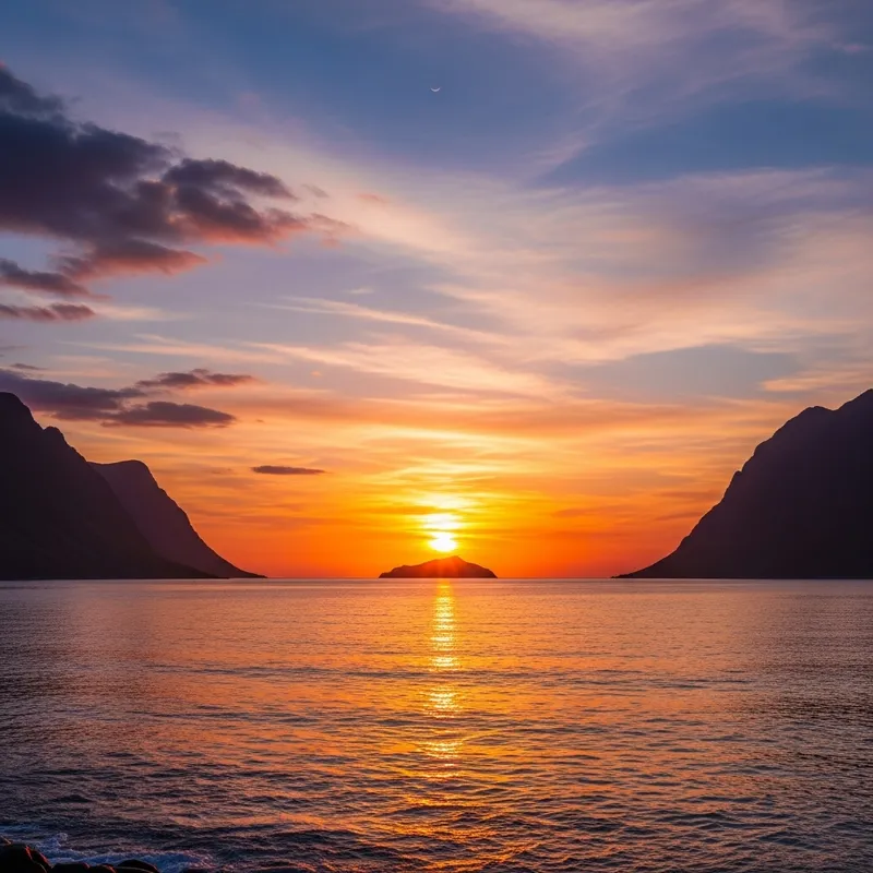 Breathtaking Sunset Over Sea and Mountains with Moonlit Island