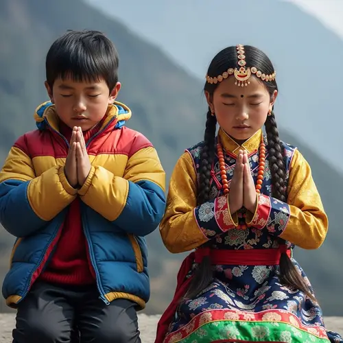 Sherpa Culture: Boy and Girl in Traditional Attire Praying