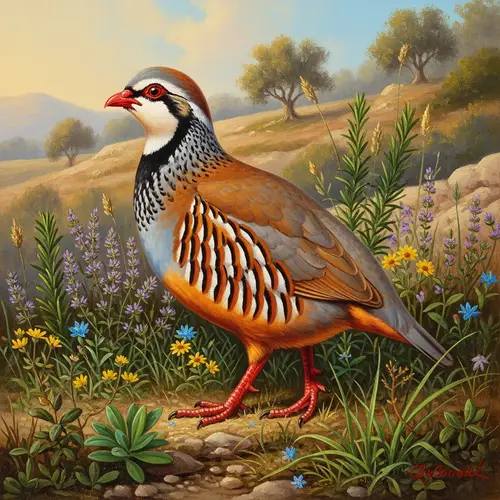 Keklik Red-Legged Partridge Oil Painting in Natural Setting