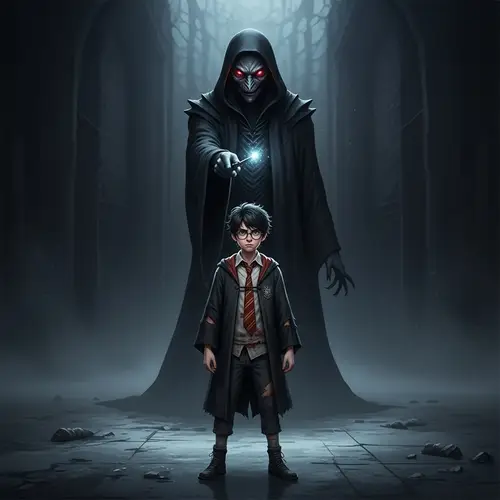 Struggle and Hardship: Young Wizard Confronts Tall Figure of Darkness