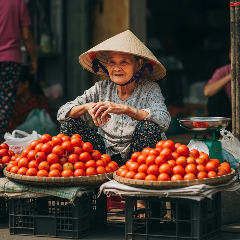 Elderly Vietnamese Woman Selling Tomatoes - Authentic Market Scene