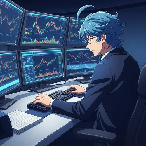Anime-Styled Man Trading Indices with Blue Hair