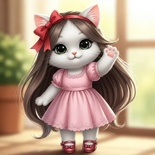 Cute Anthropomorphic White Cat with Long Brown Hair