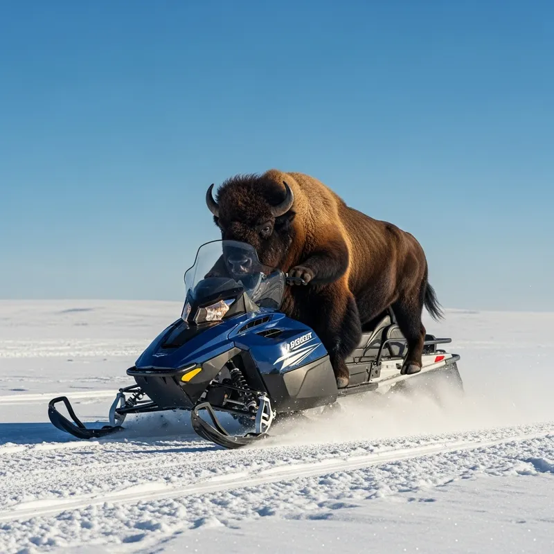 Furious Bison Riding Snowmobile on Snowy Landscape