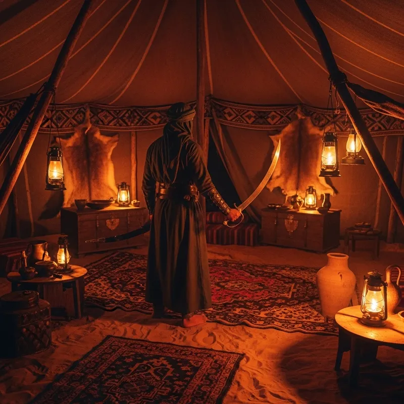 Middle-Eastern Man in Tent with Sword, Pre-Islamic Era